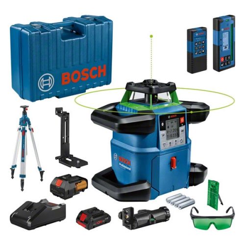 BOSCH 06159940PS GRL 650 CHVG zöld Forgólézer + BT 300 HD állvány (LR 65 G lézervevő, RB 60 Tartó, RC 6 Távirányító, WM 6 Fali tartó, ProCore 18V 4,0Ah Li-Ion akkumulátor, GAL 18V-40 Professional gyorstöltő, BA1