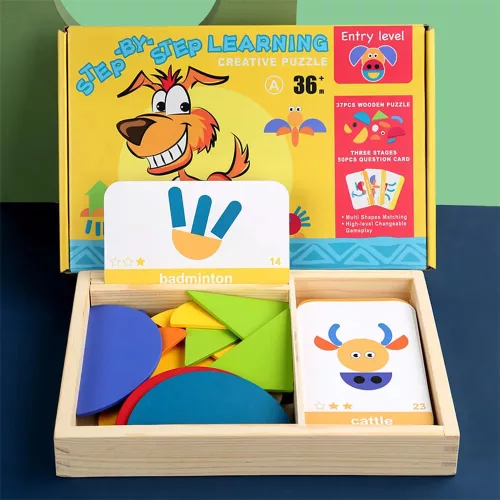 Mágneses tangram fajáték angol kártyákkal, kezdő szint